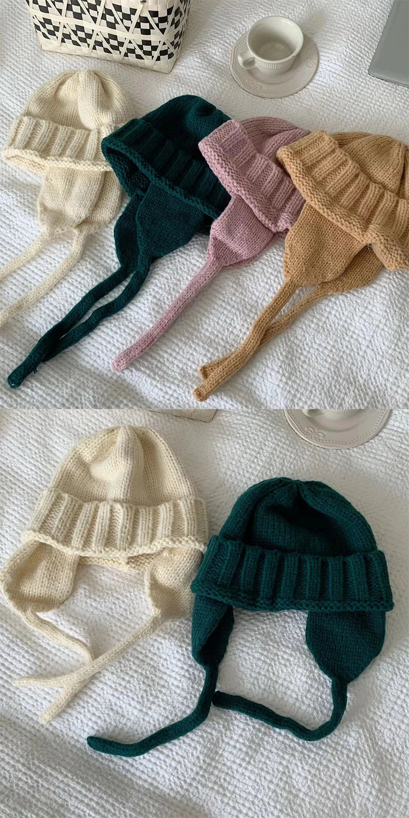 New Winter Cute Candy Colors Knitted Cap Fashion for Women Skullies Beanies Outdoor Windproof Thickened Warm Ear Protection Hat