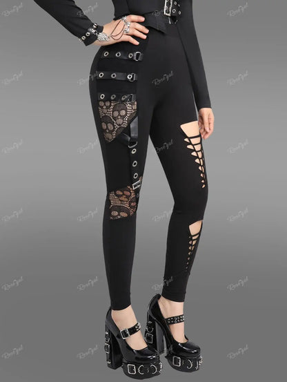 Plus Size Women Elastic Waist Pants Black Gothic Fishnet Hollow Out Patchwork Buckle Grommet Skinny Pant Bottoms