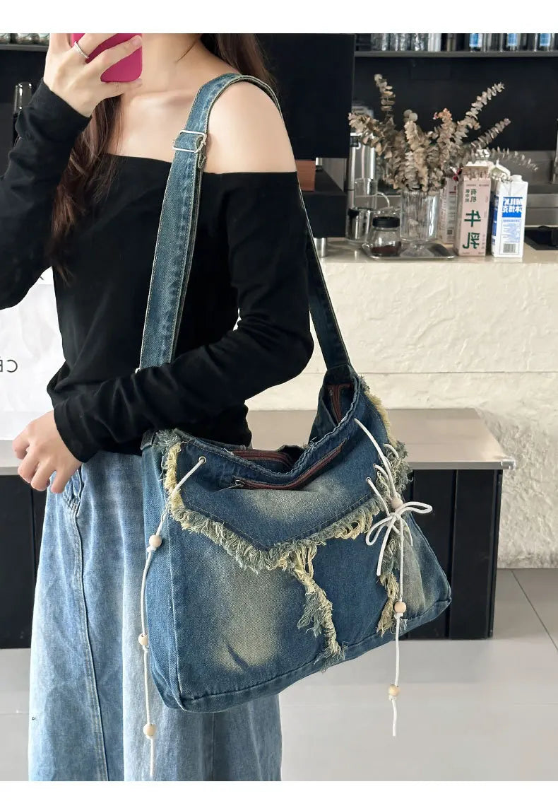 Y2K Korean Harajuku Gothic Hobo Denim Bag Aesthetic Vintage Purses WomenHandbag Crossbody Messenger Tote Peddler Shoulder Bags