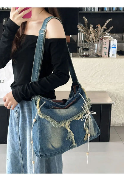 Y2K Korean Harajuku Gothic Hobo Denim Bag Aesthetic Vintage Purses WomenHandbag Crossbody Messenger Tote Peddler Shoulder Bags