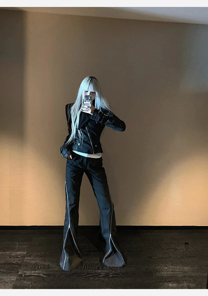Lautaro Spring Autumn Cool Handsome Short Black Fitted Pu Leather Jacket Women Long Sleeve Zip Up Luxury Designer Clothing 2025