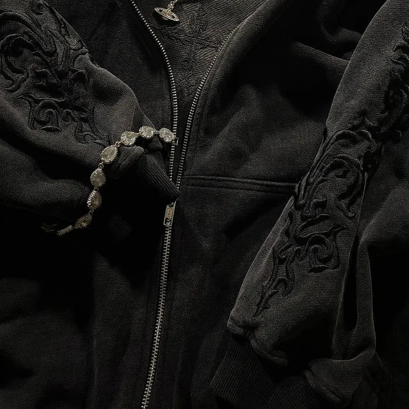 Men's Hoodie Harajuku Y2K Vine Embroidered High Street Washed Black Gray Sweatshirt Gothic Casual Streetwear Loose Fit Man New