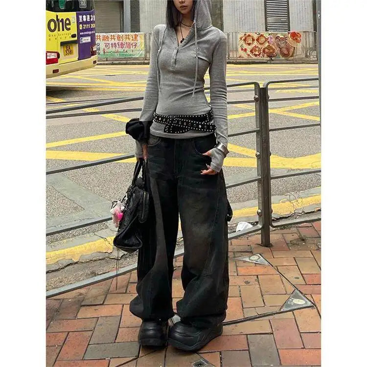 Women's New Y2k Printed Double Waistband Trousers High Street Hiphop Spring Autumn Loose Fit Casual Wide-Leg Pants