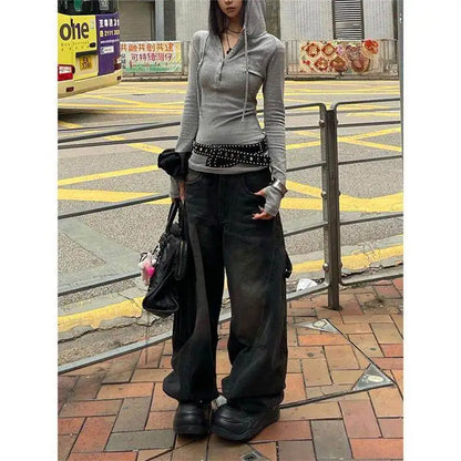 Women's New Y2k Printed Double Waistband Trousers High Street Hiphop Spring Autumn Loose Fit Casual Wide-Leg Pants