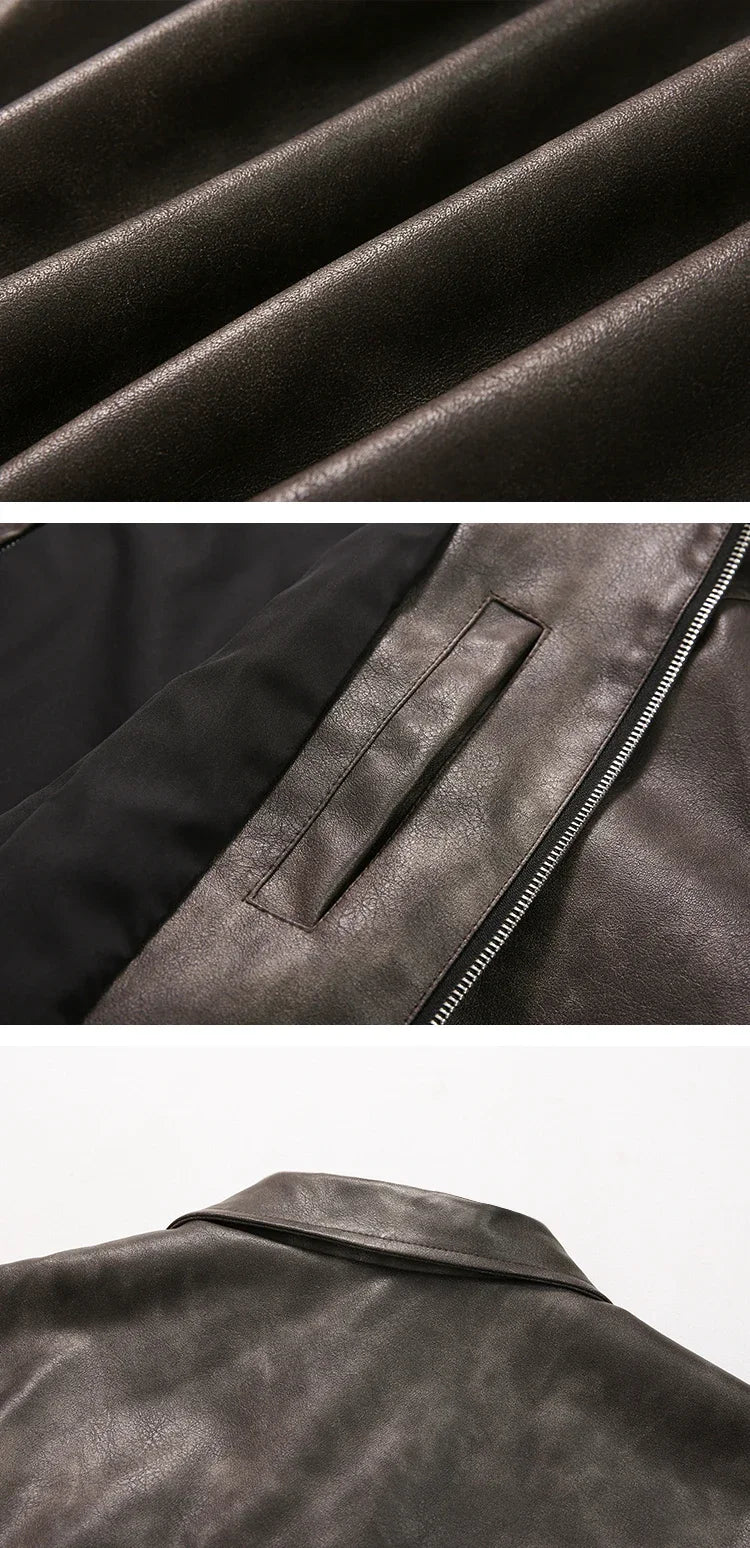 Spring Autumn Vintage Lightweight Distressed Washed Brown Pu Leather Jacket Men Zipper Casual Korean Fashion Clothes