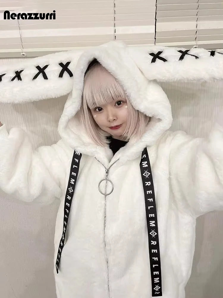 Women's White Faux Fur Bunny-Ear Coat