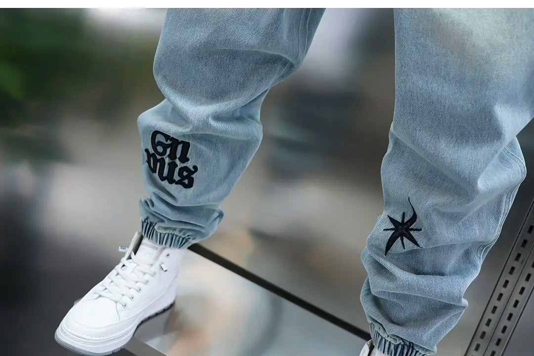 American high-street letter embroidered washed denim jeans fashion loose-fitting jogger harem pants slim-fit casual pants