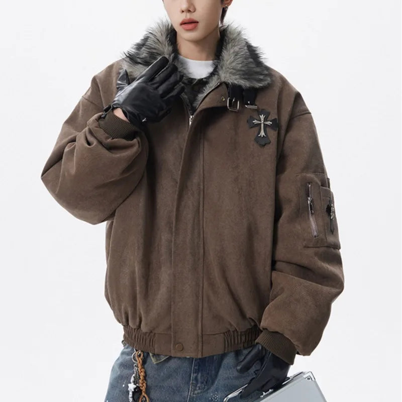 PFNW Fashion Versatile Warm Coat Autumn Winter New Men's Fur Collar High Quality Thick Cotton Jacket 28L1062