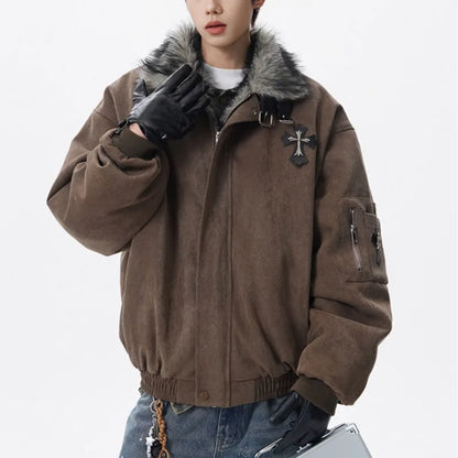 PFNW Fashion Versatile Warm Coat Autumn Winter New Men's Fur Collar High Quality Thick Cotton Jacket 28L1062