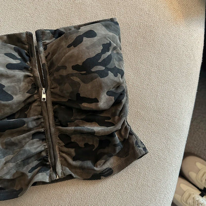 Sexy American Girl Camouflage Print Tube Top Vest Women's Summer Zipper Open Cardigan Shoulder Bared Short Style Top