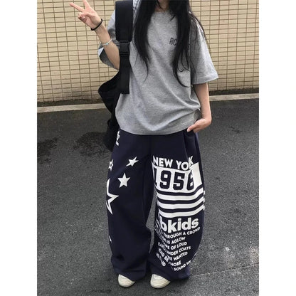 Women's Hiphop Letter Star Print Sports Casual Sweatpants Summer Trousers Girl Wide Leg Bottoms Female High Waisted Thin Pants