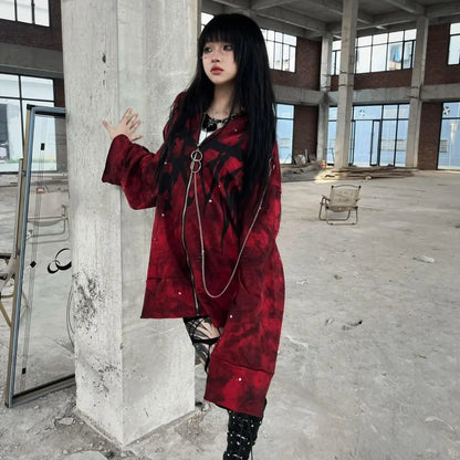 Y2k Aesthetic Printing Punk Hoodies Women Grunge Loose Pocket Oversized Hooded Hoody Harajuku Streetwear Emo Zipper Sweatshirts