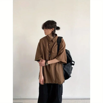 2024 New Summer Japanese Mens Set Harajuku Mid Sleeved Trendy Shirt+ Wide-leg Cargo Pants 2-pcs Thin Casual College Male Suit
