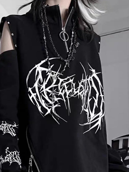 Vintage Black Printing Punk T-Shirt Women Harajuku Off Shoulder Grunge Tops Vintage Oversized Y2k Aesthetic Zipper Tees 2026