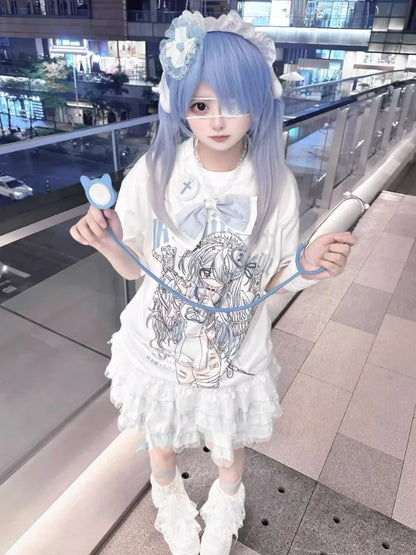 Kimutomo Women T Shirts Cartoon Printed Short Sleeve Loose Sweet Funny Y2k Aesthetic Harajuku Tops Grunge Gothic Ladies Casual