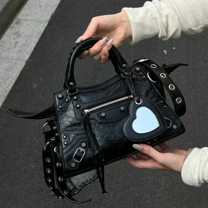 Neo Motorcycle Bag Handheld Rivet Head Layered Oil Wax Cowhide Crossbody Women's Bag Cool And Spicy Girl Retro Style Tote Bag