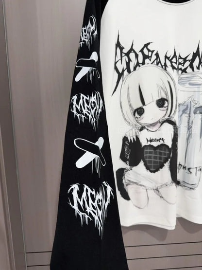 Kimutomo T Shirts Women Cartoon Printed Long Sleeve Loose Fashion Punk Style Grunge Gothic Y2k Aesthetic Harajuku Tops Ladies