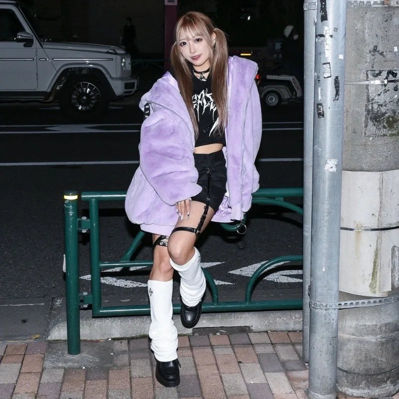 Japanese Harajuku Rabbit Ears Fur Purple Coat for women 2023 Winter New Women's Dark Punk Mid-Length Zipper Plush Coats Street