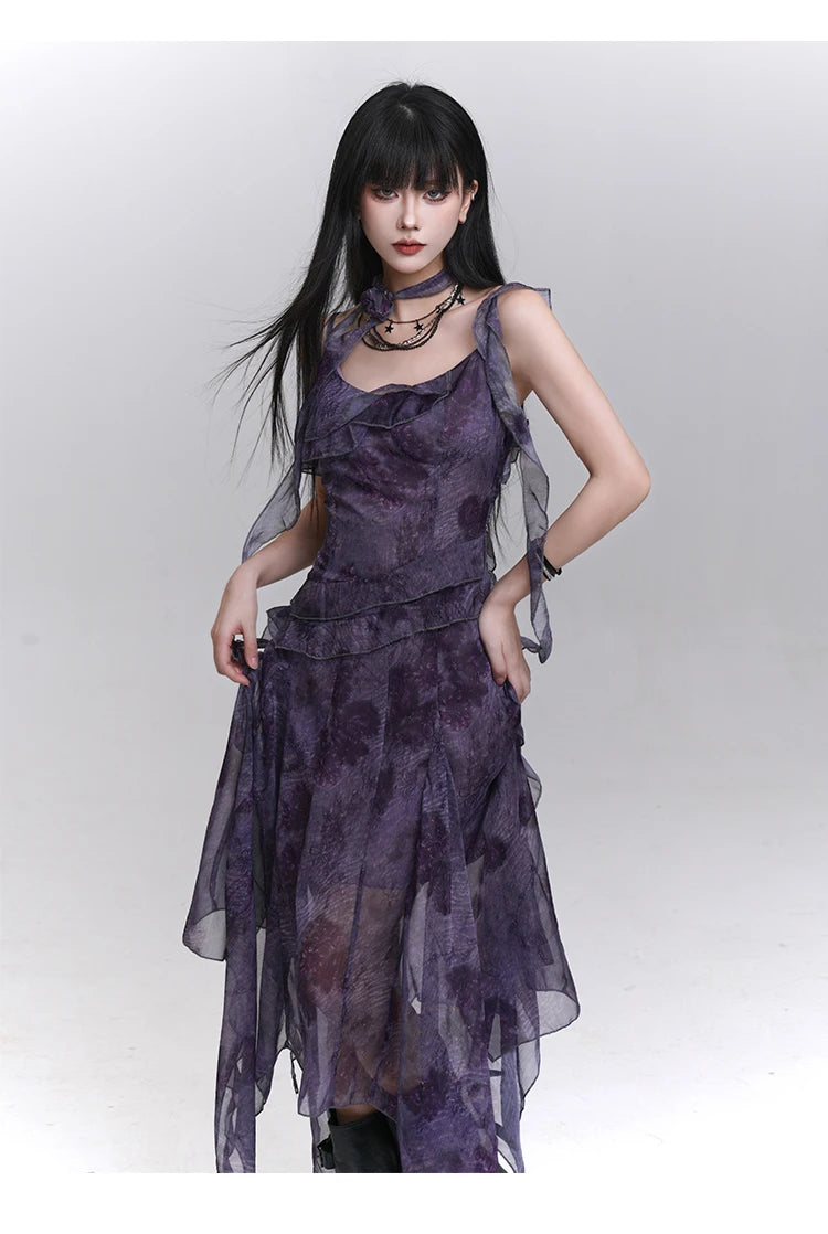 Women's Purple Tie-Dye V-Neck Midi Dress