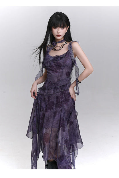 Women's Purple Tie-Dye V-Neck Midi Dress