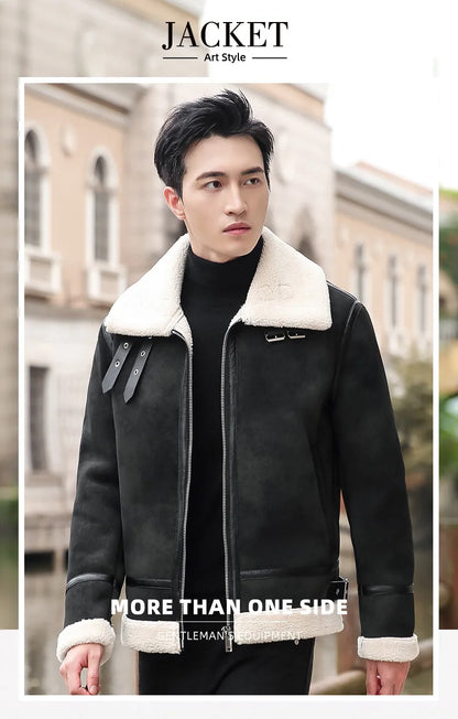 Fashion Solid Slim Korean Style Leather Coat Fleece Jacket Men Leather Jacket Winter Faux Fur Collar Windproof Warm Clothing