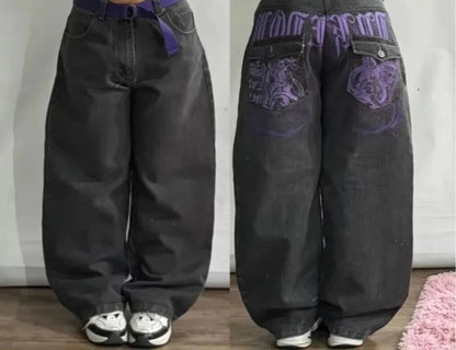 Harajuku Vintage Hip-hop Pop Letters Embroidered Washed Baggy Jeans Ladies Y2K Gothic Fashion Casual High Waist Wide Leg Pants