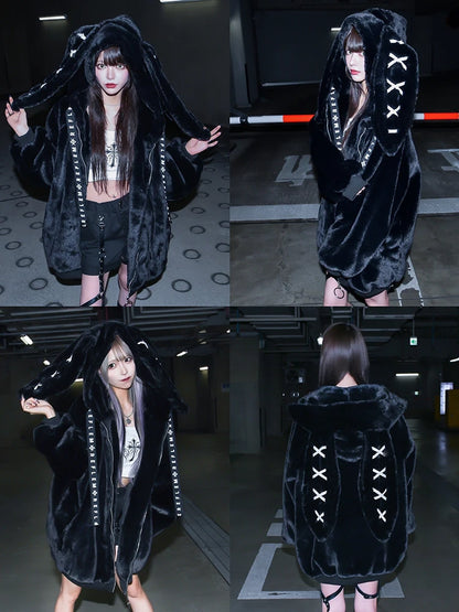 Women's White Faux Fur Bunny-Ear Coat