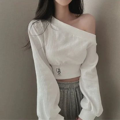 Slim Fit Long Sleeve Hoodie Women's Style Irregular Collar Show Shoulder Waist Cinching Short Length Commute Fashion  Color