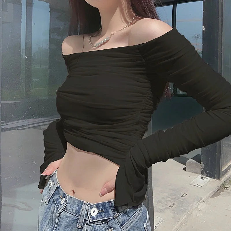 Women's Off-Shoulder Flare-Sleeve Crop Top