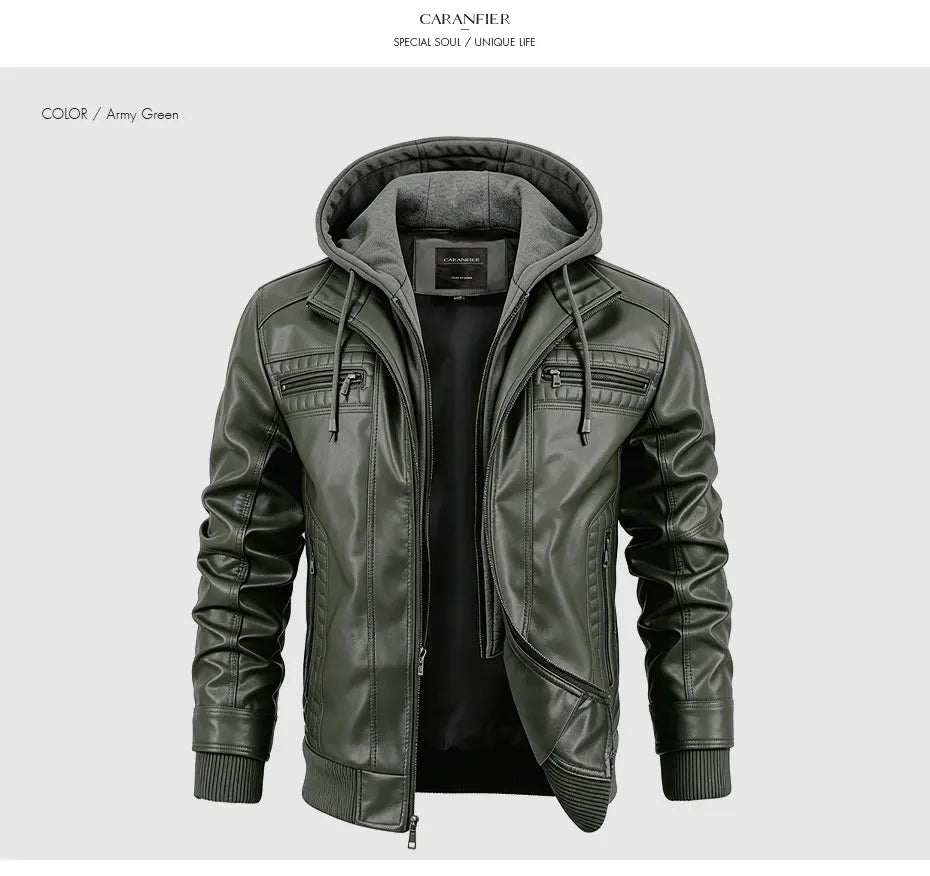 CARANFIER Men PU Leather Jacket Male Moto Biker Hooded Luxury Coats Clothing Faux Vintage Outerwear Chaqueta Hombre Dropshipping