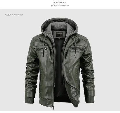 CARANFIER Men PU Leather Jacket Male Moto Biker Hooded Luxury Coats Clothing Faux Vintage Outerwear Chaqueta Hombre Dropshipping