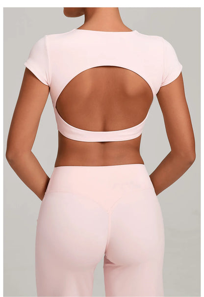 Hollow Backless Short Sleeve Sporty Slim T-shirt Women Crop Top Breathable Quick Dry Gym Workout Top Sport Shirt Fitness Clothes