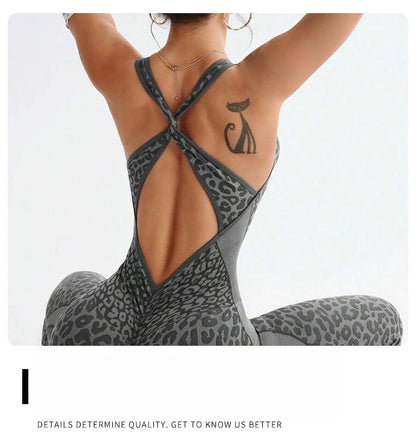 Women's Leopard Print Cross-Back Yoga Jumpsuit