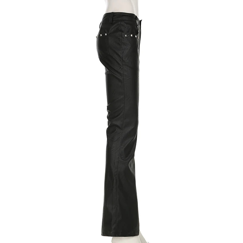 2025 Autumn Winter Women's PU Pants Low Rise Goblin Core Faux Leather Trousers Bell Bottom Gothic Japanese Y2k Stretch 2000s New