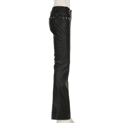 2025 Autumn Winter Women's PU Pants Low Rise Goblin Core Faux Leather Trousers Bell Bottom Gothic Japanese Y2k Stretch 2000s New