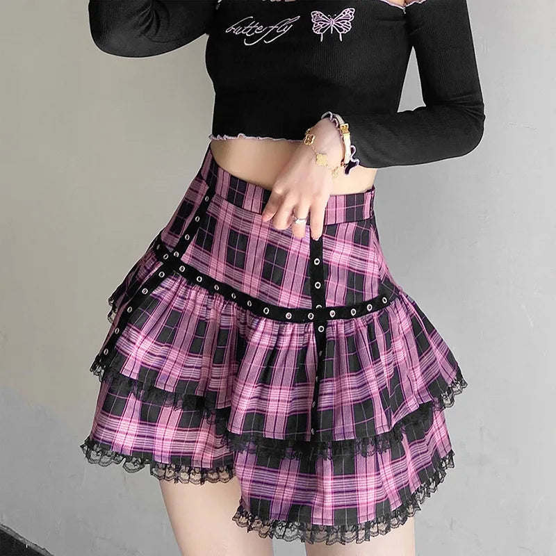 Women's Pink Plaid Gothic Mini Skirt