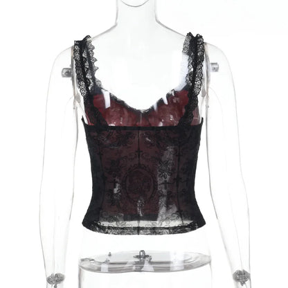 Mall Gothic Spaghetti Strap Tanks Top Hot Sexy V-neck Lace Patchwork Camisole Basic Slim Vests Summer Techwear Women