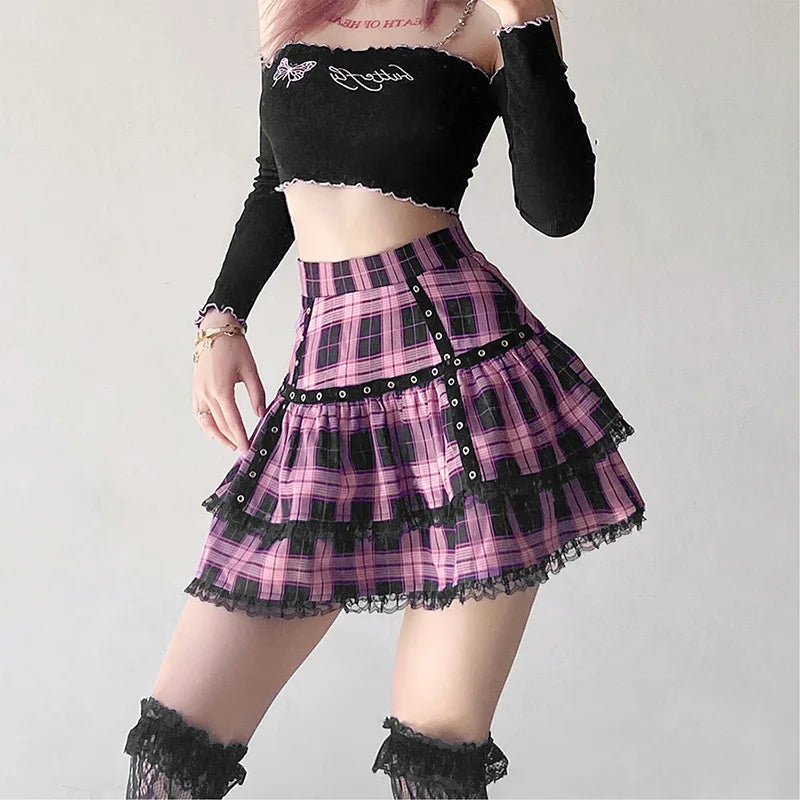 Women's Pink Plaid Gothic Mini Skirt