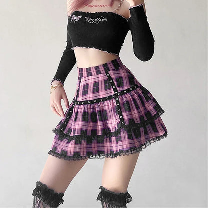 Women's Pink Plaid Gothic Mini Skirt