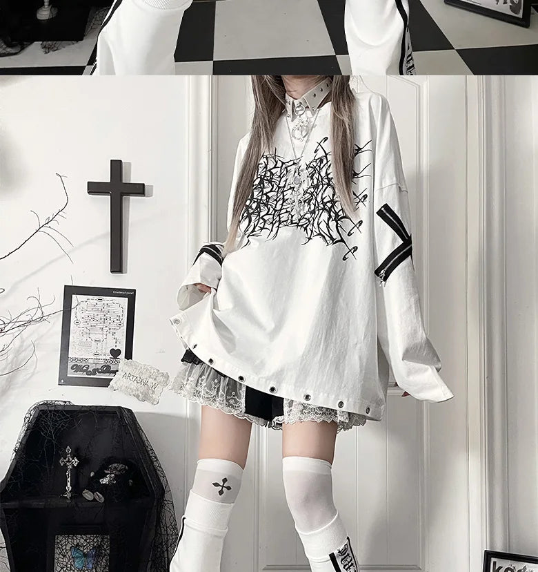 Original Print Subculture Dark Loose Long Sleeve Pure Cotton T-Shirt Japanese Punk Gothic Long Sleeve Round Neck Cool Girl Top