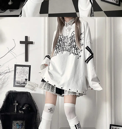Original Print Subculture Dark Loose Long Sleeve Pure Cotton T-Shirt Japanese Punk Gothic Long Sleeve Round Neck Cool Girl Top