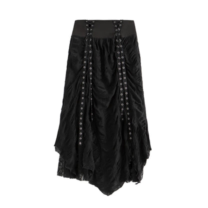 Gothic Long Skirt Bandage Lace Mesh Patchwork High Waist A Line Drawstring Split Black Skirt Irregular Aesthetic Female Fashion