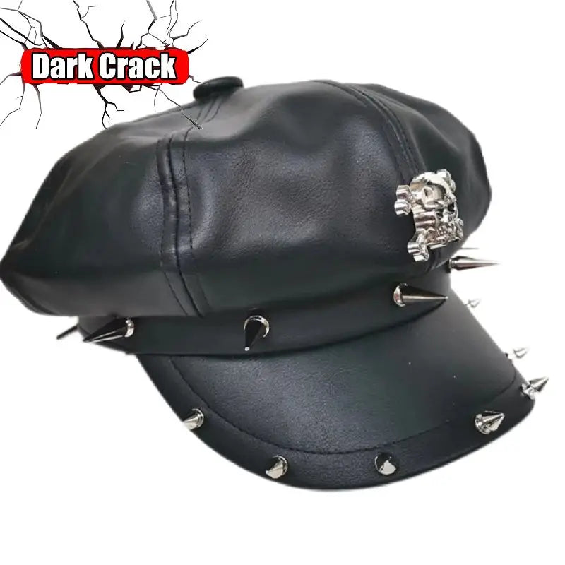 Women's Y2k Harajuku Gothic Punk Lolita Girls Original British Fashion Versatile Leather Style Rock Rivet Short Brim Beret Hat