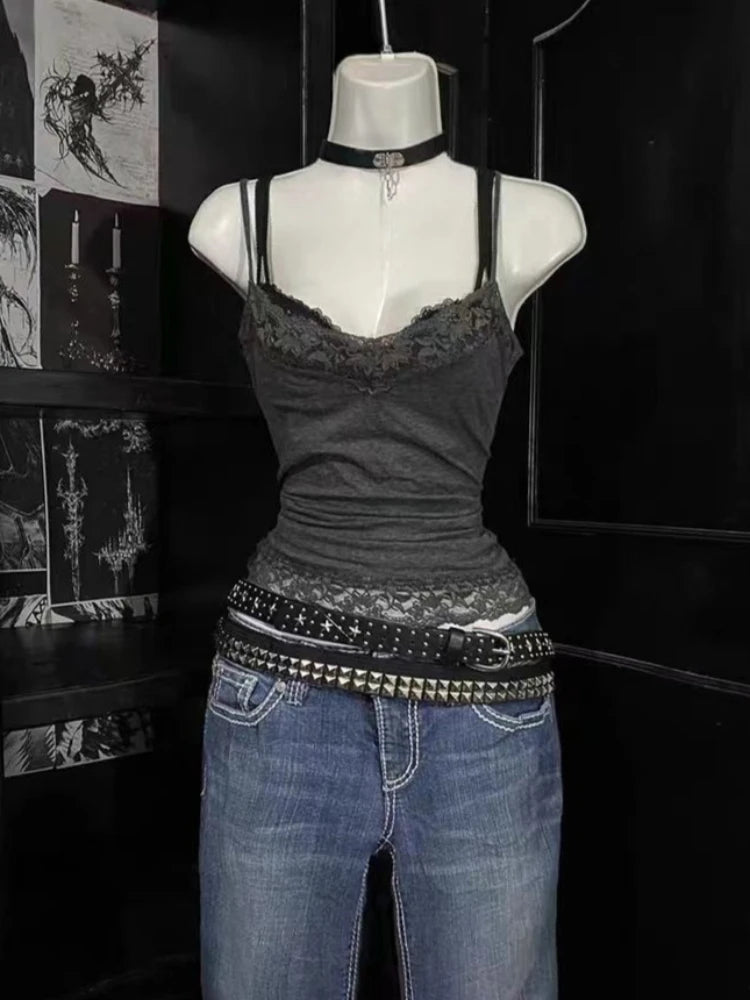 American Vintage Tank Top Women Slim Lace Trim Casual Camis Y2K Vintage Gothic Punk Subculture Sexy Style Girl 2026 Summer Top