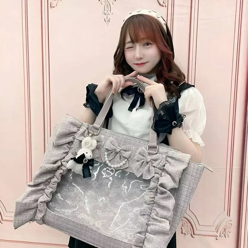 Japanese Style Mine Bags Women Ruffled Lace Lolita Girls Rhienstone Pearl Bowknot Square Tote Shoulder Portable Bolso Handbags