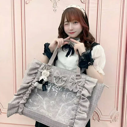 Japanese Style Mine Bags Women Ruffled Lace Lolita Girls Rhienstone Pearl Bowknot Square Tote Shoulder Portable Bolso Handbags