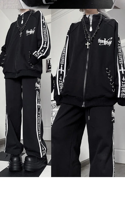 Original Printed Subculture Dark Loose Tracksuit Top and Pants Set Women's Outfits Oversized Stand Collar Zipper Sweatshirts