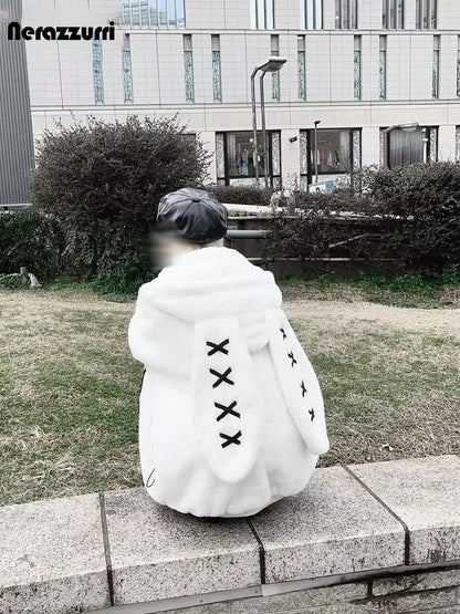 Women's White Faux Fur Bunny-Ear Coat