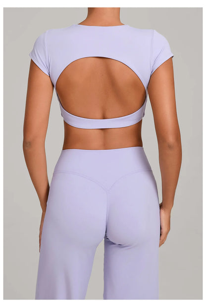 Hollow Backless Short Sleeve Sporty Slim T-shirt Women Crop Top Breathable Quick Dry Gym Workout Top Sport Shirt Fitness Clothes