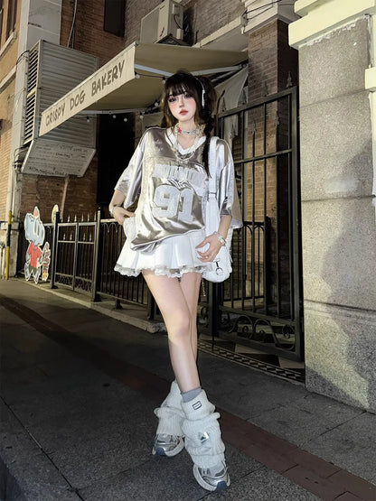 Retro American Splice V-neck Hollow out Lace Short Sleeve T-shirt Women Summer Embroidered Loose Sports Silver Top